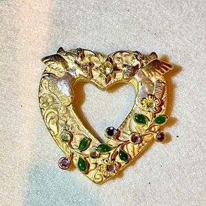 Vintage Heart Shaped Gold Tone Brooch w/Angels, Aurora Borealis Stones, Kerissa